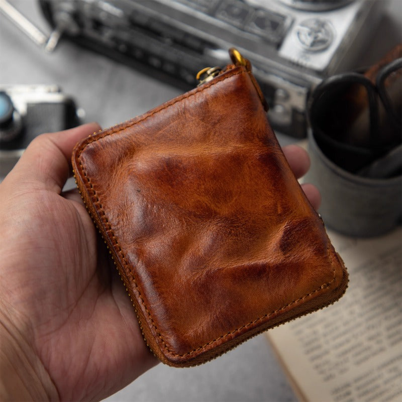 Retro Handmade Leather Zipper Small Wallet