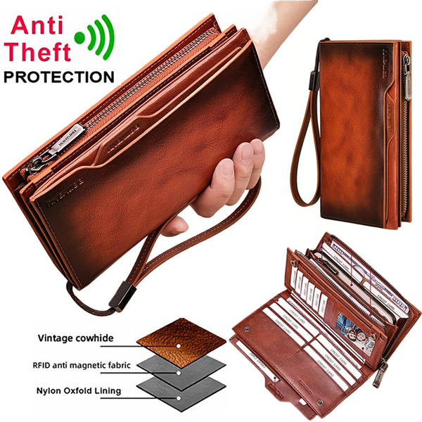 Vintage Top Layer Cowhide Leather Wallet for Men, Long Slim RFID Blocking Clutch with Zipper, Spacious Clutch with Phone Pocket, Zip Closure, and ID Slots