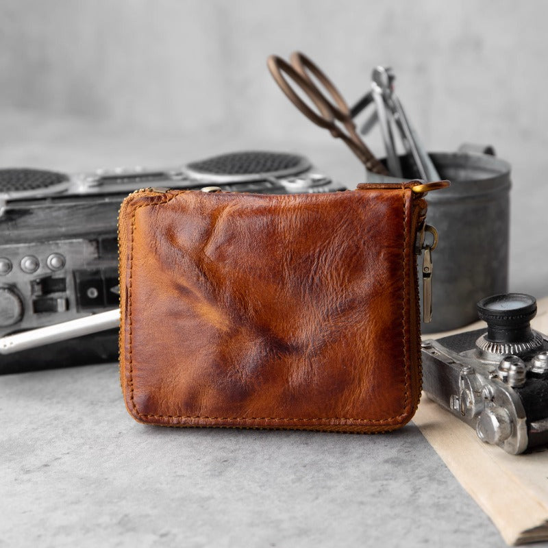 Retro Handmade Leather Zipper Small Wallet