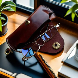 Vintage Genuine Leather Glasses Case, Rivet Detail, Pure Brass Hardware, Fashion Eyewear Holder with Lanyard for Men & Women