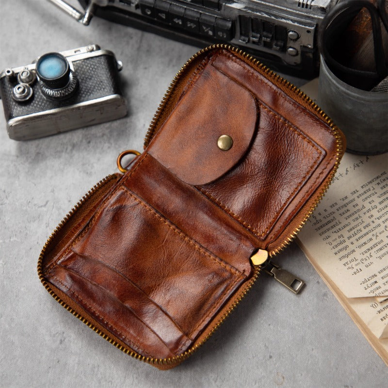 Retro Handmade Leather Zipper Small Wallet