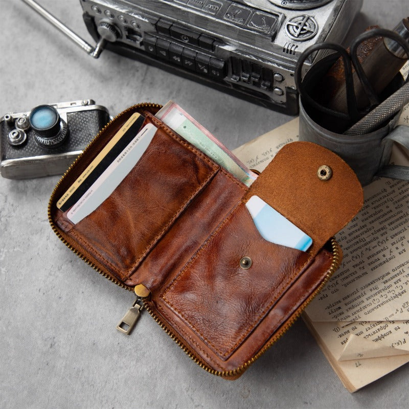 Retro Handmade Leather Zipper Small Wallet