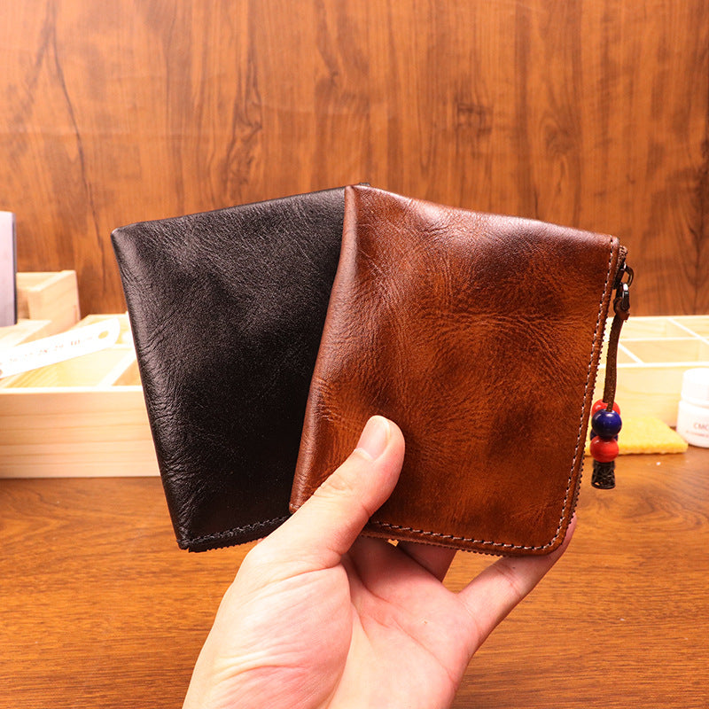 Retro Handmade Leather Zipper Short Wallets