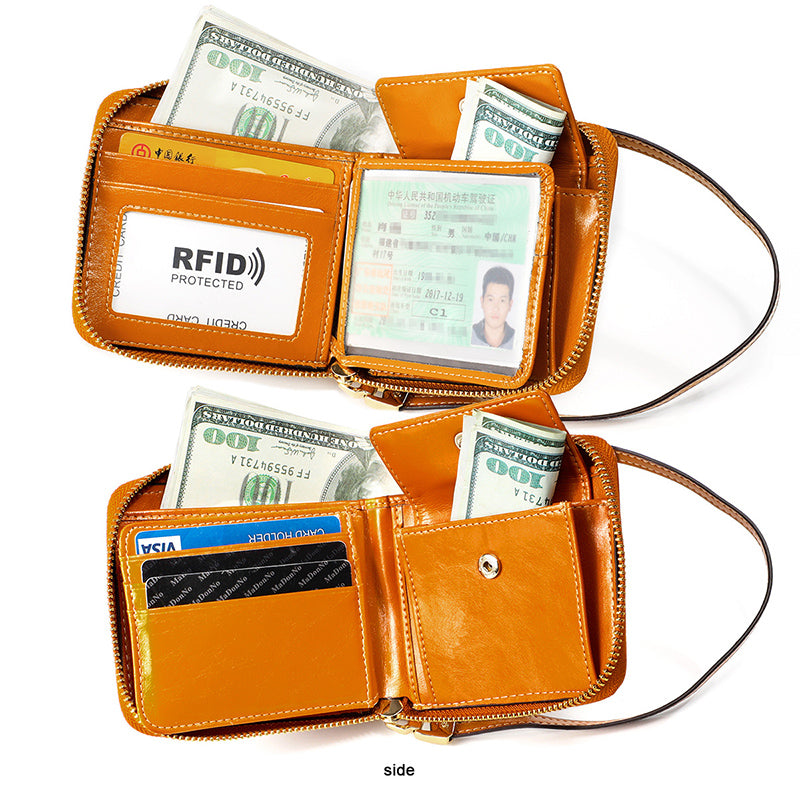 Retro Leather RFID Zipper Short Wallet
