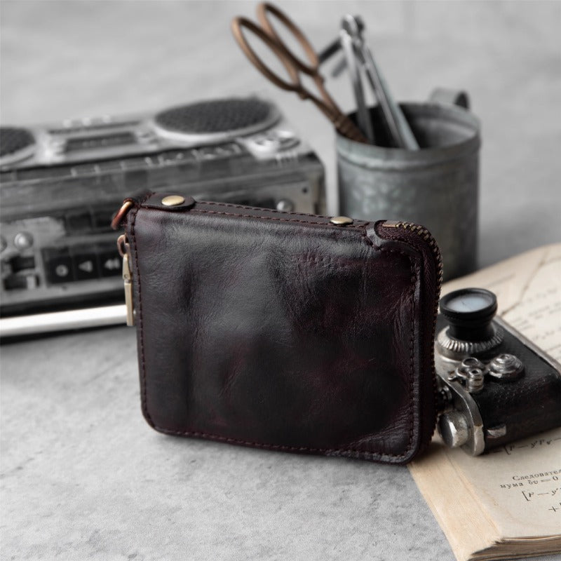 Retro Handmade Leather Zipper Small Wallet