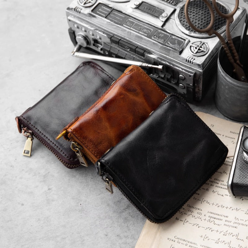 Retro Handmade Leather Zipper Small Wallet