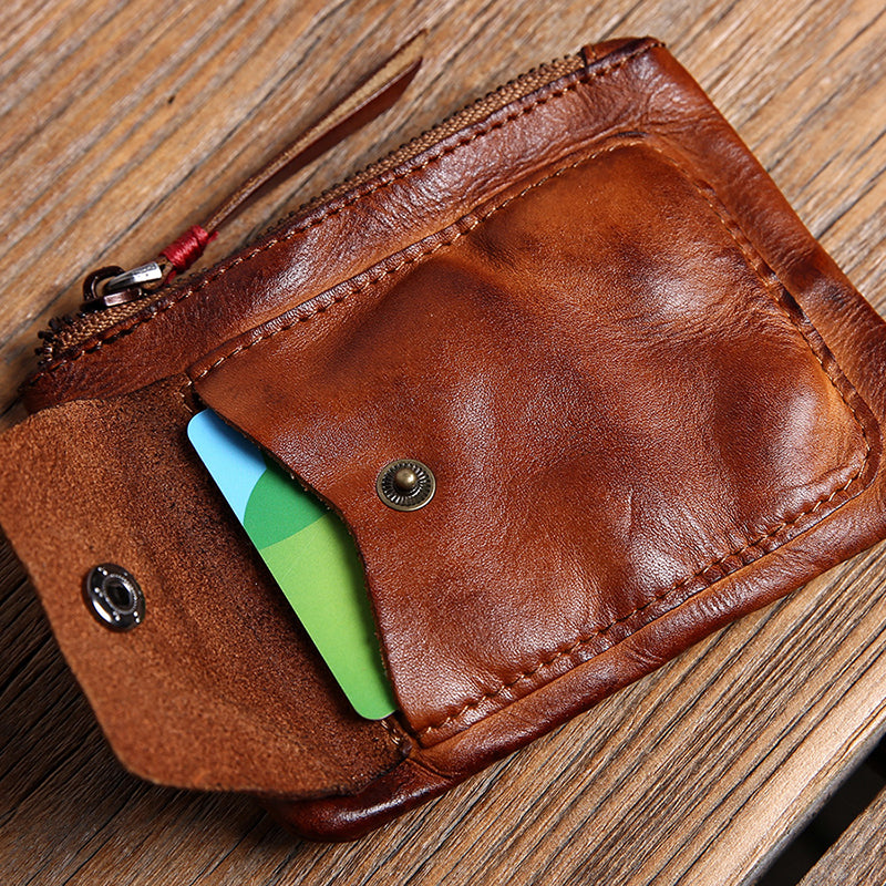 Vintage Handmade Leather Zip Wallet Men's Square Coin Purse Card Holder |  eBay