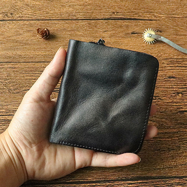 Retro Handmade Leather Zipper Short Wallet